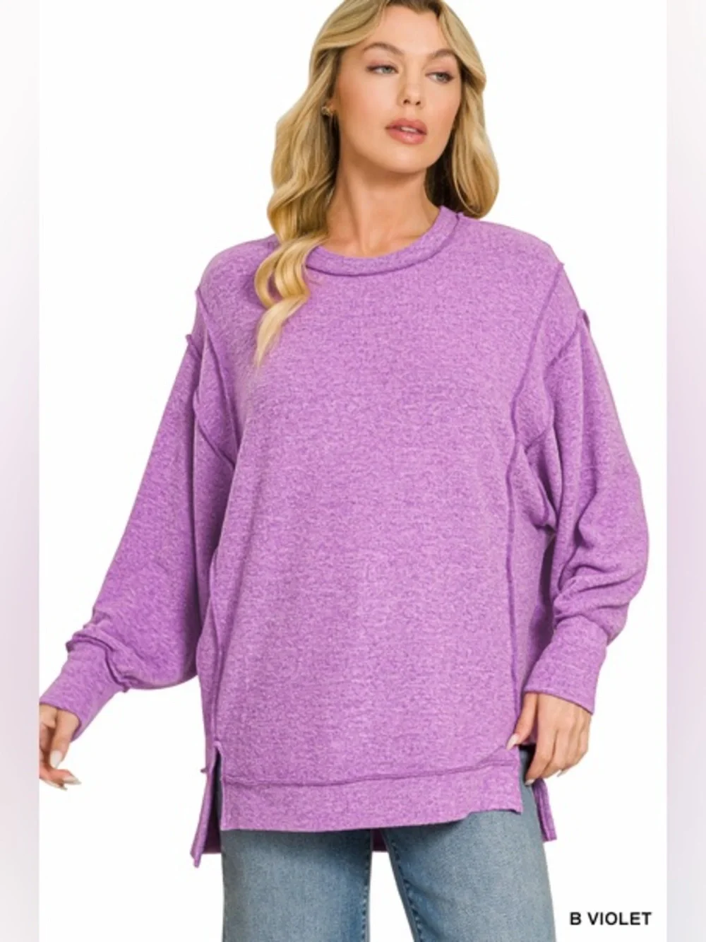 Zenana Violet BRUSHED MELANGE HACCI OVERSIZED EXPOSED-SEAM SWEATER W/SIDE SLIt